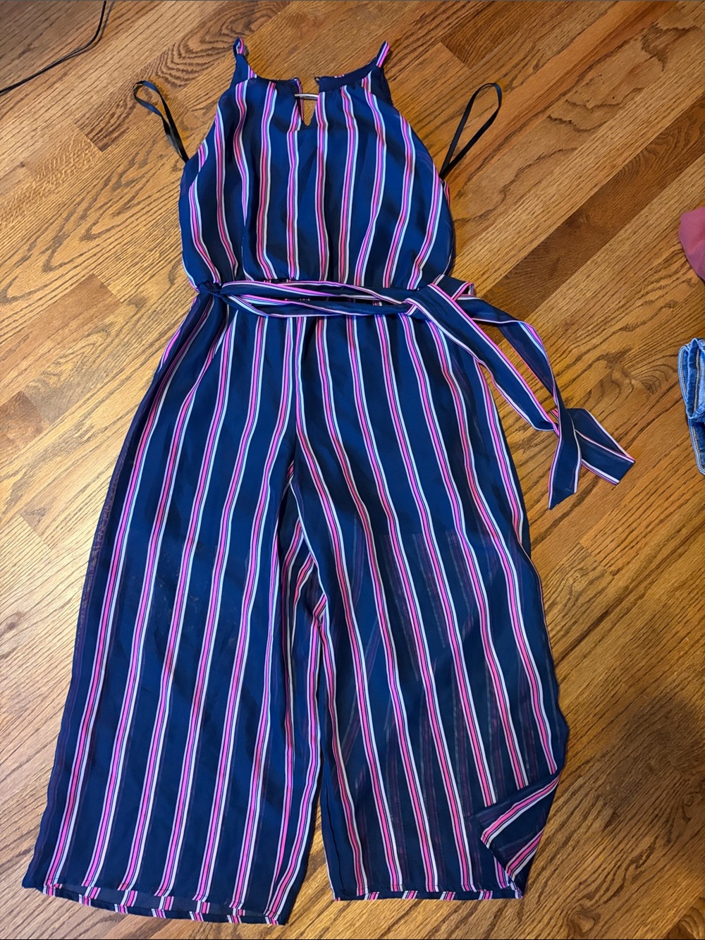 Striped Navy and Pink Sleeveless Jumpsuit with Tie Waist